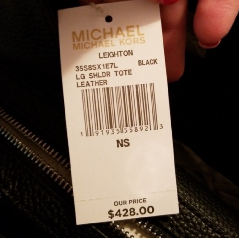 Michael Kors Leighton Large Black Pebbled Leather Shoulder Tote Silver Accent - Picture 3 of 13